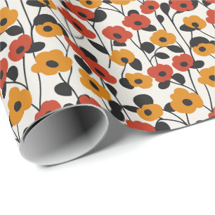 Papel De Presente Padrão Floral Retroativo Negrito Vermelho, Laranja