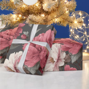 Papel De Presente Padrão Floral Romântico Poeira de Rosa Peônia Cinz