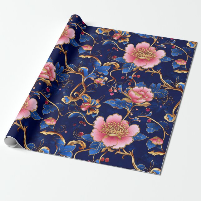 Papel De Presente Padrão floral rosa-azul-elegante (Desenrolado)