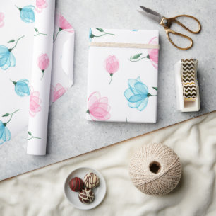 Papel De Presente Padrão Floral Rosa Azul Elegante