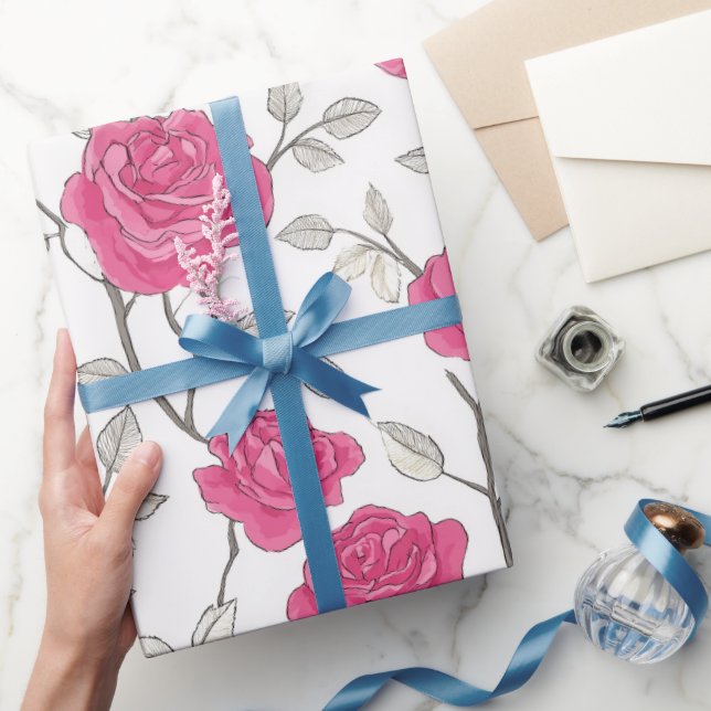 Papel De Presente Padrão Floral Rosa Branco Desenhado à Mão (Presentear)