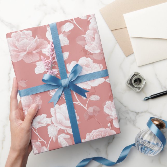Papel De Presente Padrão Floral Rosa Branco Feminino Bebê (Presentear)