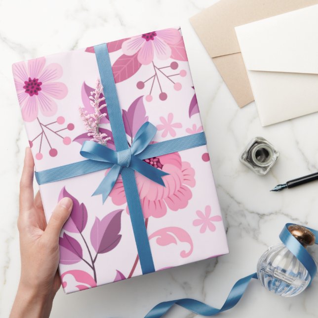 Papel De Presente Padrão Floral Rosa com Flores Elegantes (Presentear)