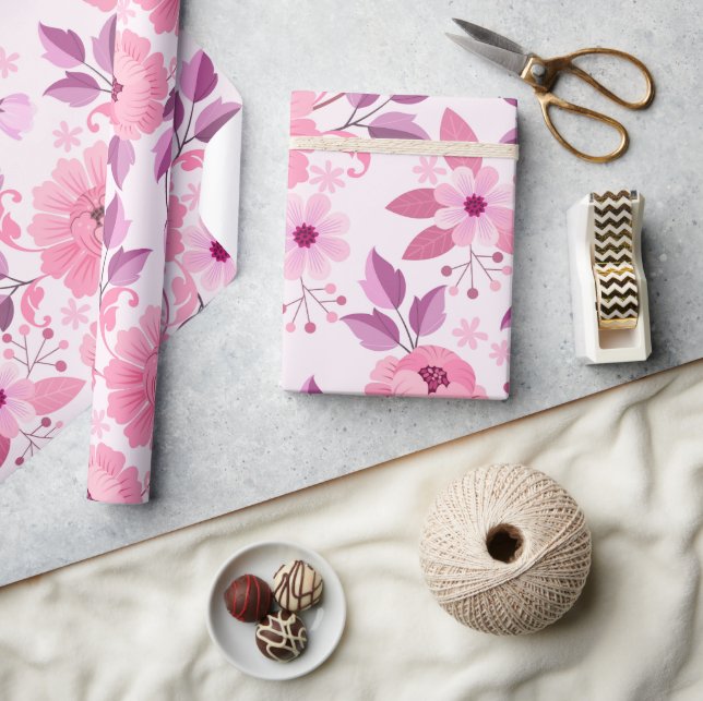 Papel De Presente Padrão Floral Rosa com Flores Elegantes (Artesanato)