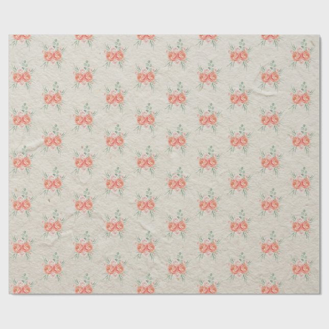 Papel De Presente Padrão Floral Rosa Coral Dourado (Aberto)