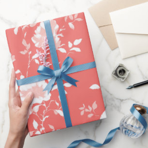 Papel De Presente Padrão Floral Rosa Coral Moderno Branco