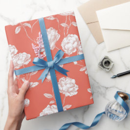 Papel De Presente Padrão Floral Rosa Coral Moderno Branco