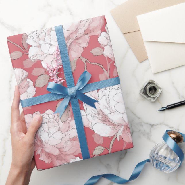 Papel De Presente Padrão Floral Rosa Desenhado à Mão Branco (Presentear)