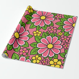 Papel De Presente Padrão Floral Rosa e Amarelo com Folhas Verdes