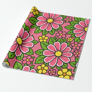 Papel De Presente Padrão Floral Rosa e Amarelo com Folhas Verdes
