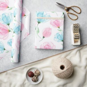 Papel De Presente Padrão Floral Rosa e Azul Elegante