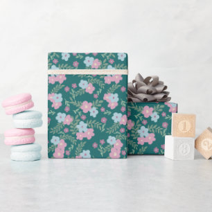 Papel De Presente Padrão Floral Rosa e Azul no Azul Turquesa – Moder