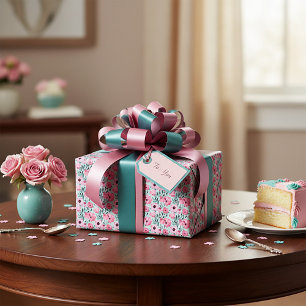 Papel De Presente Padrão floral rosa e verde em aquarela