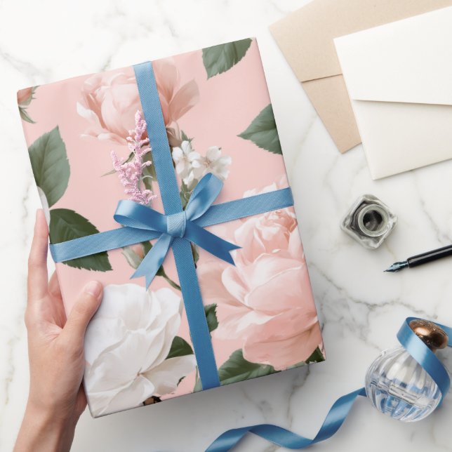 Papel De Presente Padrão Floral Rosa Macio Delicado Branco (Presentear)