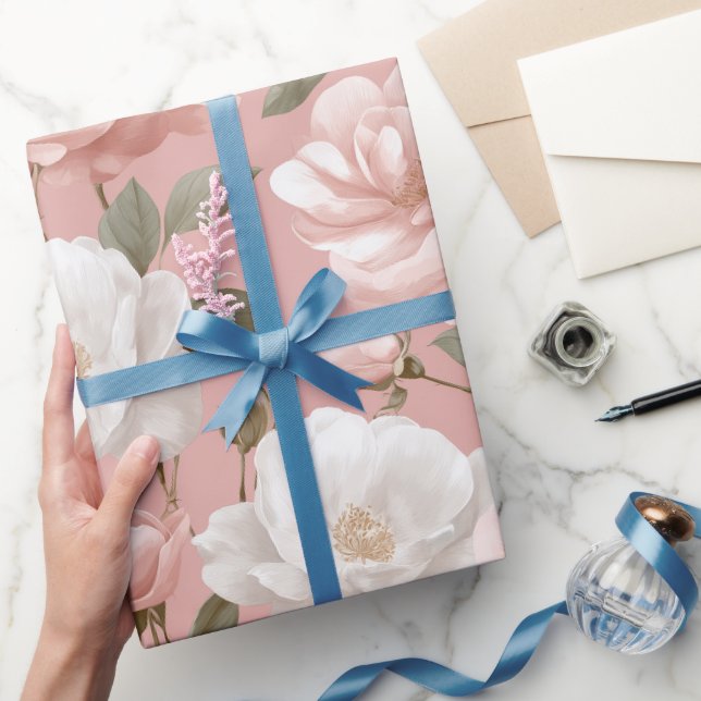 Papel De Presente Padrão Floral Rosa Macio Delicado Branco (Presentear)