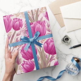 Papel De Presente Padrão Floral Rosa Moderno de Tulipa Branca