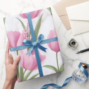 Papel De Presente Padrão Floral Rosa Moderno de Tulipa Branca