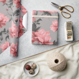 Papel De Presente Padrão Floral Rosa Po dusty Romântico Cinza