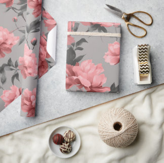 Papel De Presente Padrão Floral Rosa Po dusty Romântico Cinza