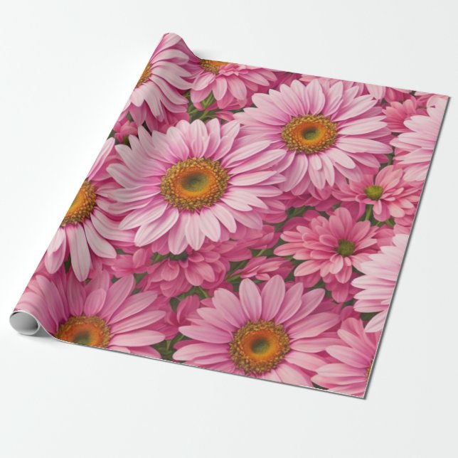 Papel De Presente Padrão floral rosa retrô de margarida (Desenrolado)