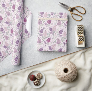 Papel De Presente Padrão Floral Rosa Suave e Lilás Roxo