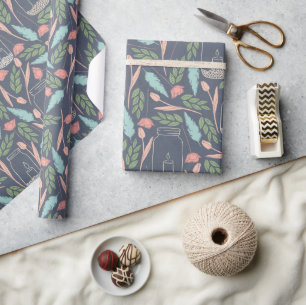 Papel De Presente Padrão Floral Rosa Verde Jarro de Mason Azul Marin