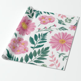 Papel De Presente Padrão Floral Rosa Vibrante com Verde Lush