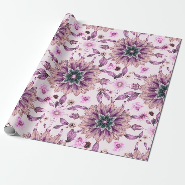 Papel De Presente Padrão Floral Roxo (Desenrolado)