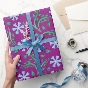 Papel De Presente Padrão Floral Roxo com Flores Azuis