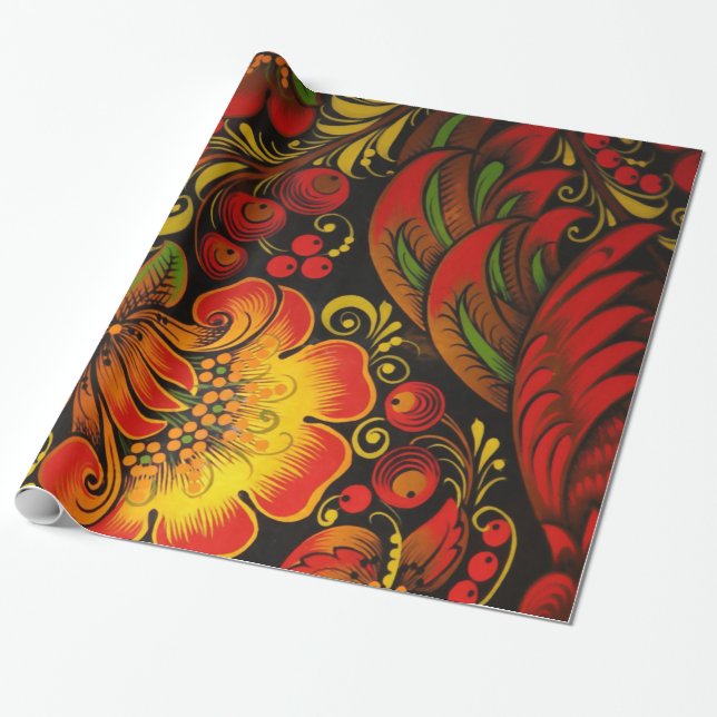 Papel De Presente Padrão Floral Russo Vintage Fine Khokhloma (Desenrolado)