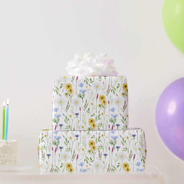 Papel De Presente Padrão Floral Selvagem de Cores Aquáticas (Presentes para festas)