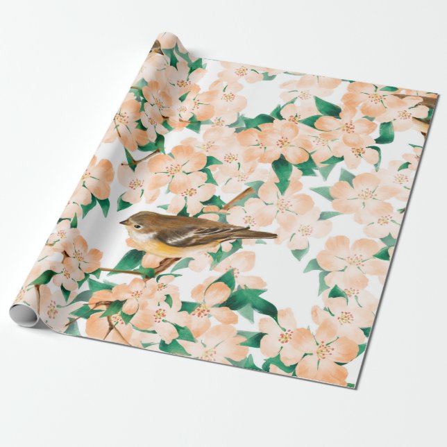 Papel De Presente Padrão floral sem costura com aves (Desenrolado)