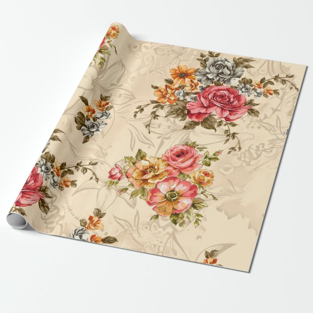 Papel De Presente Padrão floral sem costura com flores e creme ba (Desenrolado)
