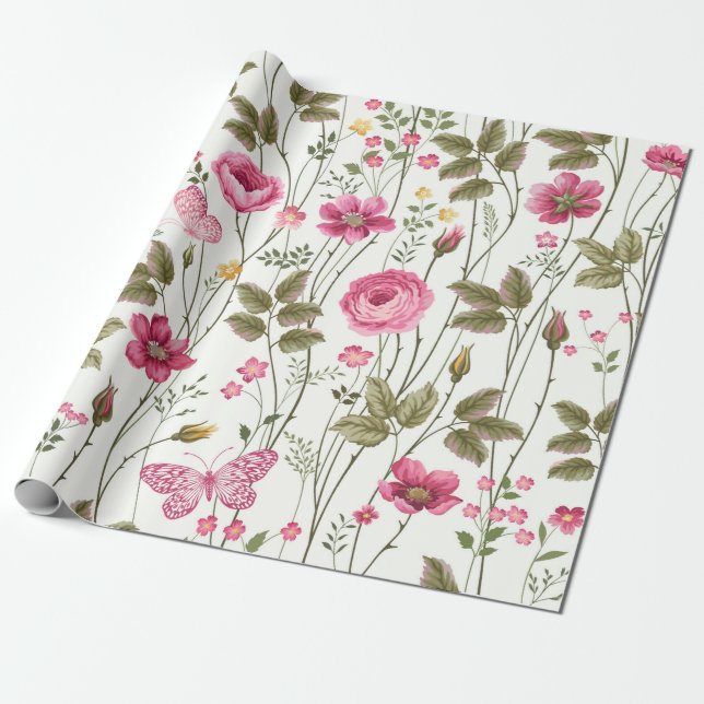 Papel De Presente padrão floral sem costura com rosas e borboletas (Desenrolado)