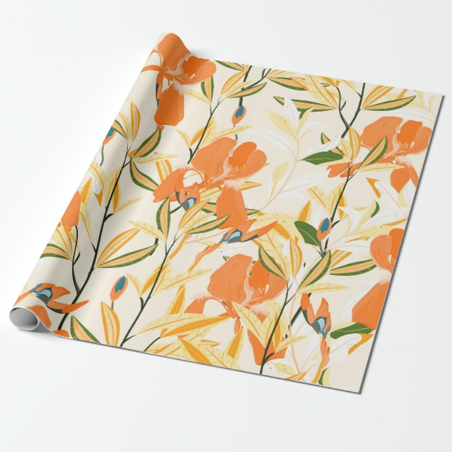 Papel De Presente Padrão floral sem costura. Íris laranja de esquema (Desenrolado)