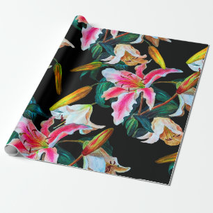 Papel De Presente Padrão floral sem costura. Lily branca e rosa num