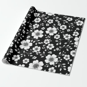 Papel De Presente Padrão Floral Sem Costura Preto Branco Vintage (1)