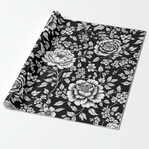 Papel De Presente Padrão Floral Sem Costura Preto Branco Vintage (5)