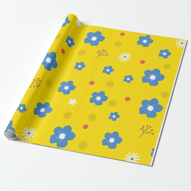 Papel De Presente Padrão floral sobre fundo amarelo (Desenrolado)