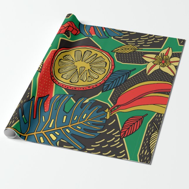 Papel De Presente Padrão floral tropical em forma de rabisco com fru (Desenrolado)