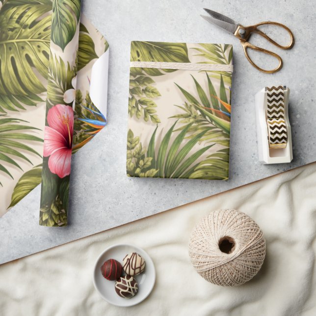 Papel De Presente Padrão Floral Tropical – Hibisco, Monstera  (Artesanato)