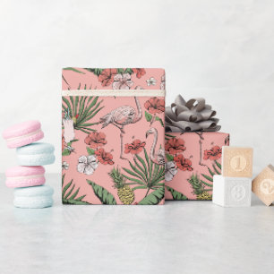 Papel De Presente Padrão Floral Tropical Rosa Flamingo Coral
