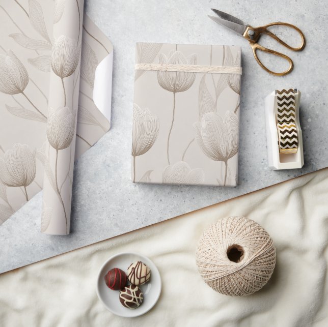 Papel De Presente Padrão Floral Tulipa Neutra Moderna Marfim (Artesanato)