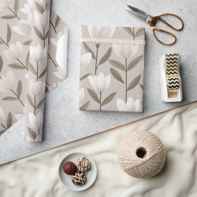 Papel De Presente Padrão Floral Tulipa Neutra Moderna Marfim (Artesanato)