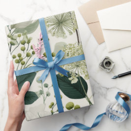 Papel De Presente Padrão Floral Verde Botânico Creme