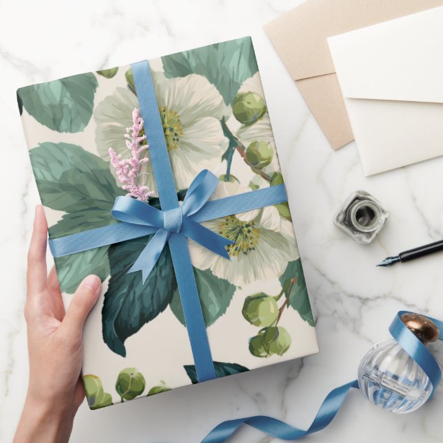 Papel De Presente Padrão Floral Verde Botânico Creme (Presentear)
