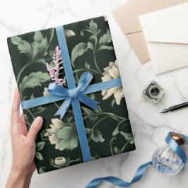 Papel De Presente Padrão Floral Verde Botânico Creme