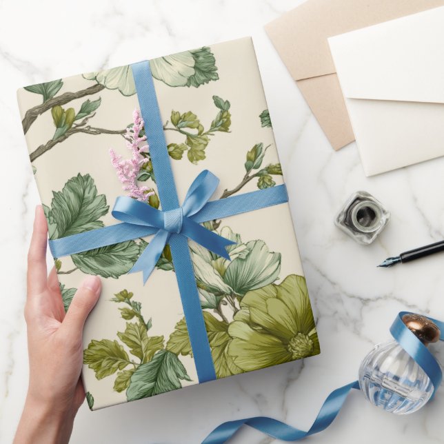 Papel De Presente Padrão Floral Verde Botânico Flor Creme (Presentear)