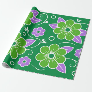 Papel De Presente Padrão Floral Verde e Roxo Decorativo