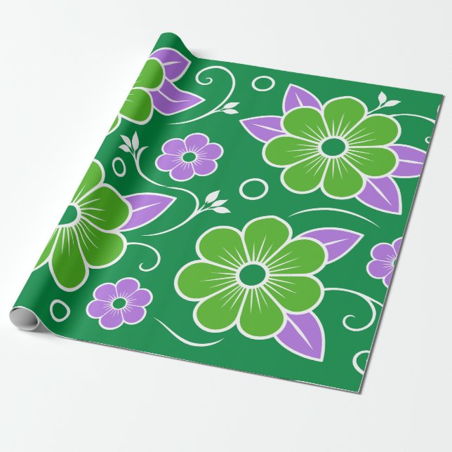 Papel De Presente Padrão Floral Verde e Roxo Decorativo (Desenrolado)